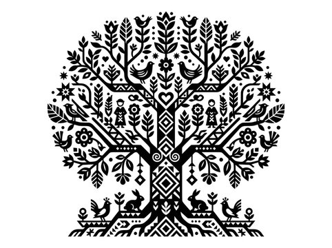 Scandinavian Folk Art Tree of Life Illustration with Birds, Rabbits, and Floral Elements