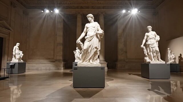 Marble statues from antiquity standing in a classical exhibition hall of a museum, with spotlights creating dramatic lighting and casting long shadows on the polished floor and historic columns
