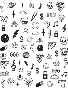 Set of trendy y2k aesthetic doodle stickers
