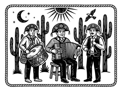Brazilian Forr&oacute; Trio Woodcut Illustration with Accordion and Zabumba