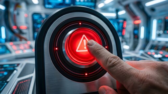A hand presses a bright red emergency button with an exclamation mark in a futuristic control room.