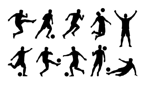 Soccer player silhouette vector set with football athletes in action poses