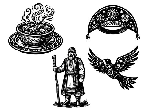 Slavic Folklore Linocut Illustration Set: Traditional Food, Kokoshnik, Folk Elder, and Mystical Bird