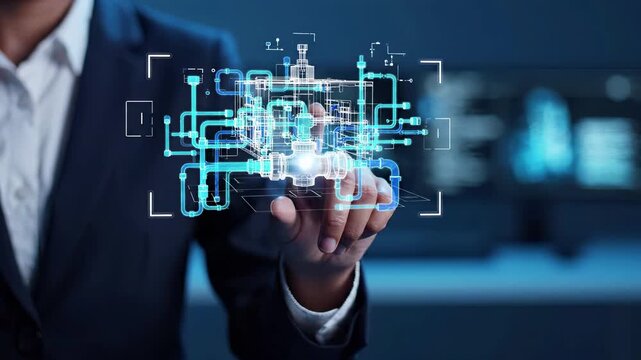 Engineer touching a futuristic industrial automation interface with a digital network of pipes, valves and machinery. Smart manufacturing technology for process control, monitoring and innovation