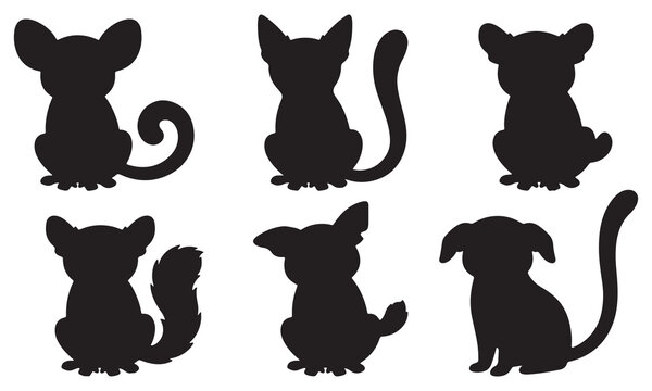 Collection of cute chinchilla silhouettes in various sitting poses isolated on white background
