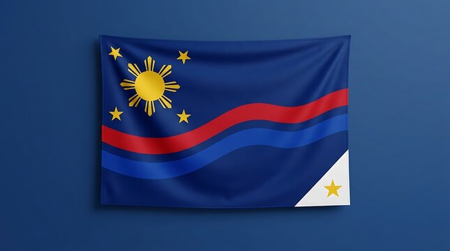 Flag of the philippines waving on a blue background with yellow sun and stars