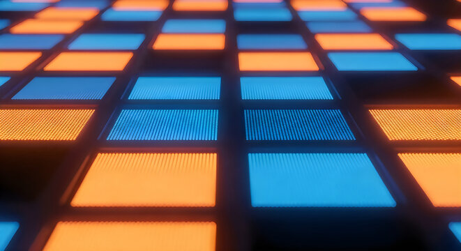 Geometric pattern, blue and orange squares, grid background, abstract design