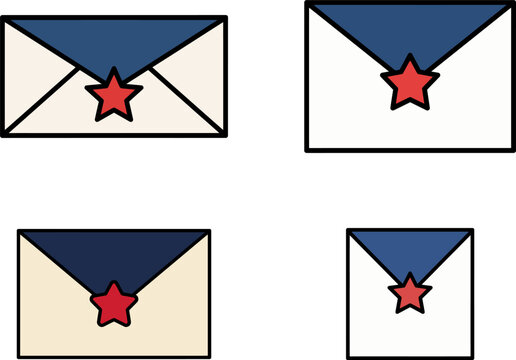 Set of four different envelope icons with blue flaps and red star seals