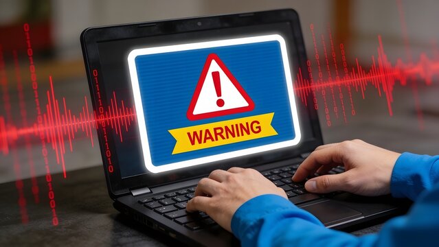 Person typing on laptop with large red warning alert sign on screen and digital binary code background.