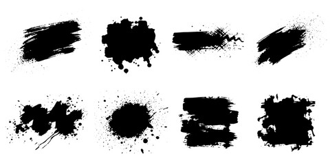 A collection of eight striking black ink brush stroke and splatter graphic elements, each unique in its texture and form, arranged in a visually dynamic composition. © MdKefaitUllah