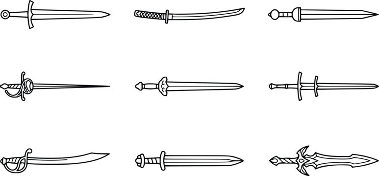 Sword Vector Icons Collection &ndash; Medieval, Katana, Rapier, Saber, Fantasy, and Short Sword Outline Line Art Set