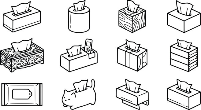 Tissue Box Vector Icons Collection &ndash; Tissue Holder, Tissue Dispenser, Wet Wipes Container, and Decorative Tissue Box Outline Line Art Set