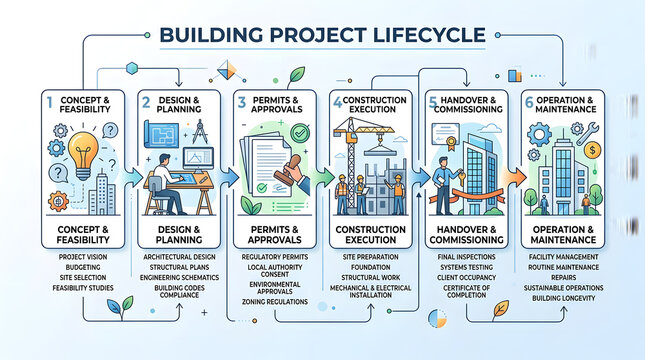 Comprehensive building project lifecycle infographic showing six distinct development process stages
