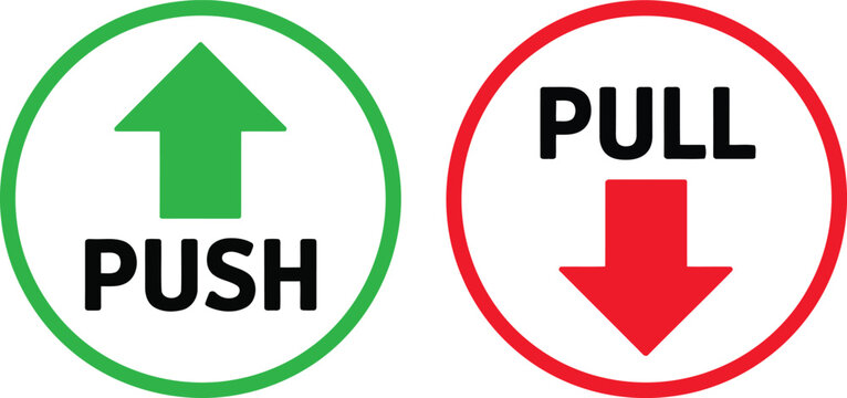 Push and pull door signs with green arrow pointing up and red arrow pointing down, clear instructional for entrance on white background