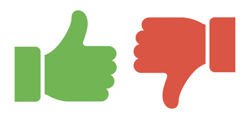 Thumbs up and thumbs down symbols, green approval icon and red disapproval icon, isolated vector illustration. © AYAT