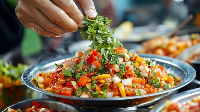 a vendor's hand adding the final garnish to a finished dish at a street food stall. The focus is on the hand, which is holding a pinch of fresh green herbs