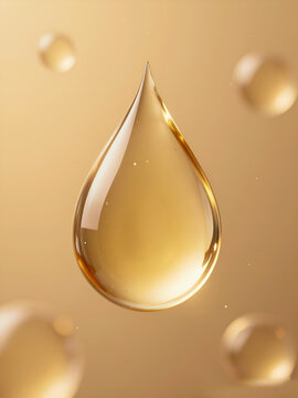Tiny Essential Oil Drop Inside Transparent Water Droplet, Soft Warm Amber Background with Floating Bubbles and Sparkles, Two Blurred Foreground Bubbles, Hyper-Realistic Spa Minimalist Scene for E-comm