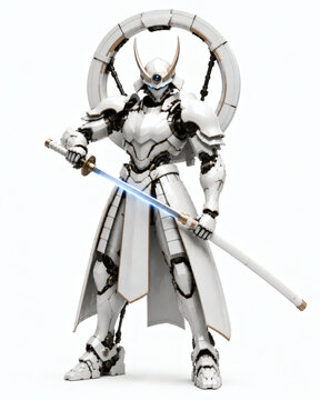 Futuristic White Samurai Robot Warrior Standing With Energy Katana