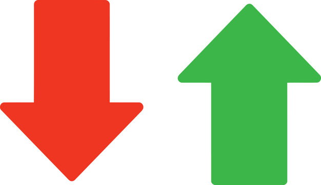 Red down arrow and green up arrow symbols, flat for direction, movement, growth, or decline concepts on white background