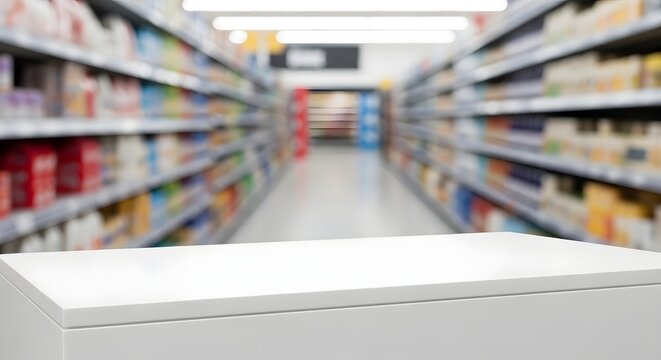 Empty white product display table in a blurred supermarket aisle