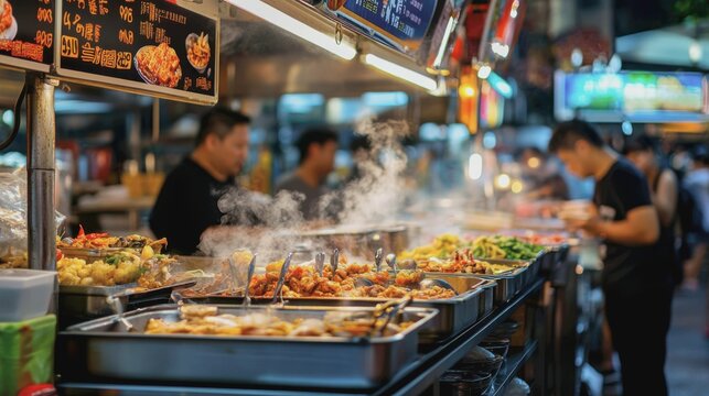 A vibrant, energetic scene inside a Singaporean hawker centre. The focus is on one particular food stall, with its colorful signage and menu board
