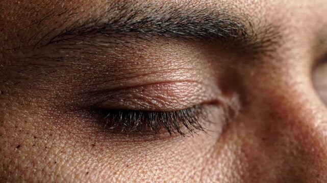 Closed human eye with detailed skin texture, natural eyelashes and pores, slow blinking showing calm, peaceful expression and brown iris close up