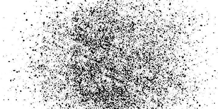 A dynamic black dust cloud explodes outwards, creating a textured, chaotic pattern against a stark white background. The gritty particles create a sense of energy and motion.