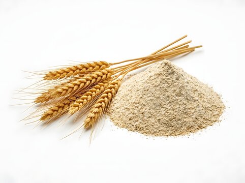 A whole wheat flour pile with golden wheat ears isolated on white background