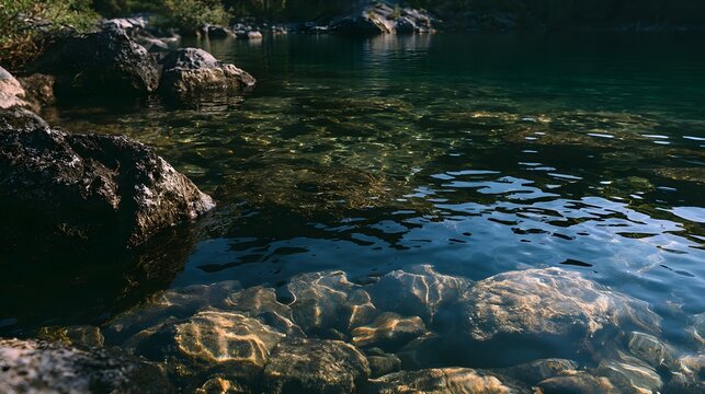 A medium shot captures a crystal mountain lake featuring flowing lines and geometric patterns illuminated by warm sunlight and cool tones