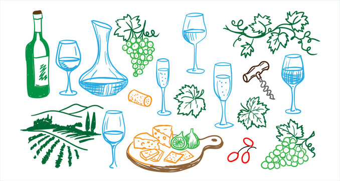Collection of colorful hand drawn wine doodles including bottle, glasses, decanter, grapes, cheese board, corkscrew, and vineyard landscape.