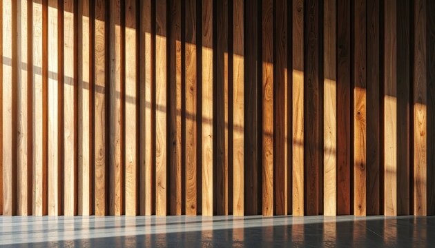 Sunlight Streaks Across Modern Wooden Wall Texture.