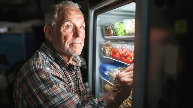 An elderly farmer in a plaid shirt is leaning against the open door of a large freezer and examining its contents with satisfaction