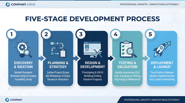Professional five stage development process infographic with icons and text