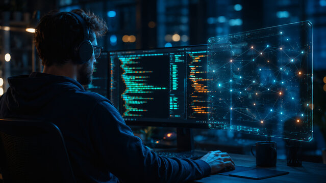 AI Software Developer Analyzing Neural Network Data Visualization and Machine Learning Code, AI Generated