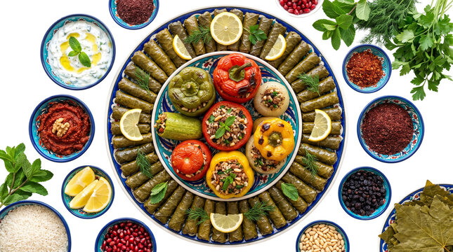 Traditional Turkish Dolma and Sarma platter, stuffed bell peppers and grape leaves, Mediterranean appetizers with mezze bowls and fresh herbs isolated PNG with Transparent Background