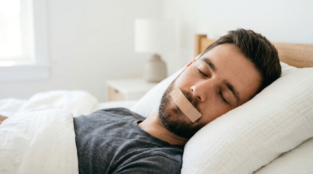White adult man sleeping in bed with mouth tape in a bright bedroom, resting on a pillow during sleep apnea treatment and snoring control at home