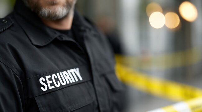 Close up of security guard in black uniform standing near yellow caution tape