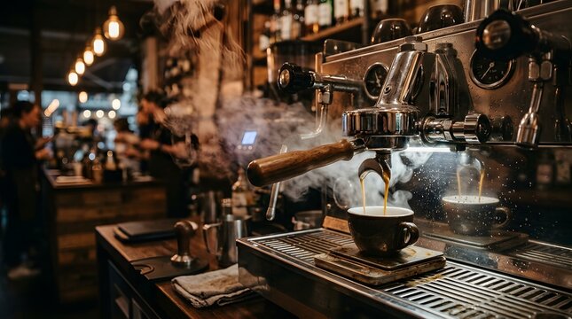 Espresso machine pouring fresh coffee into small cup with steam rising in professional coffee shop.