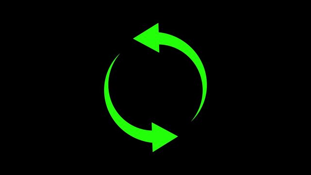 Green rotating arrows symbol indicating recycling loop and reload process on black backdrop.