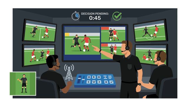 Soccer, football, referees, control room, screens, decision making, sports officials