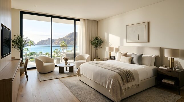 Luxury hotel bedroom with ocean view featuring modern minimalist design and neutral beige color tones.