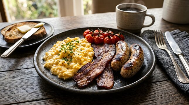 Hearty breakfast plate with scrambled eggs, crispy bacon, sausages, and roasted tomatoes.