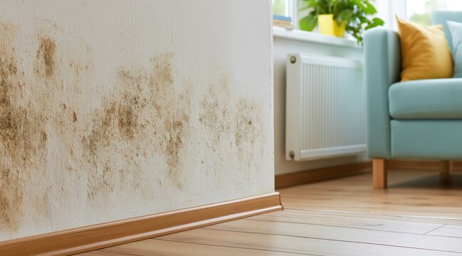 Black mold growth on damp white wall in apartment interior