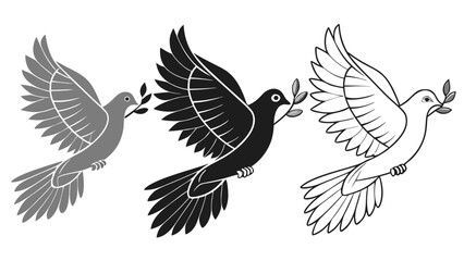 Obraz premium Set of three stylized doves of peace with olive branches in different styles
