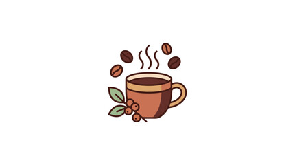 Fototapeta premium Flat Vector Illustration of Coffee Cup with Beans and Leaves