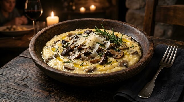 Mushroom risotto with parmesan cheese and fresh rosemary in a rustic wooden bowl.