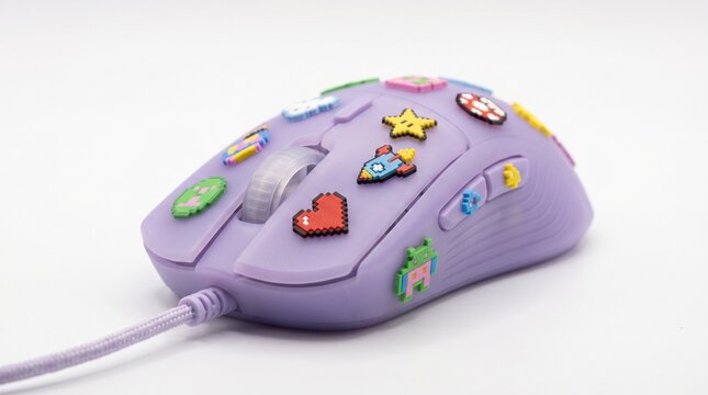 Computer mouse is decorated with various colorful pixel-art style stickers on a light purple shell.