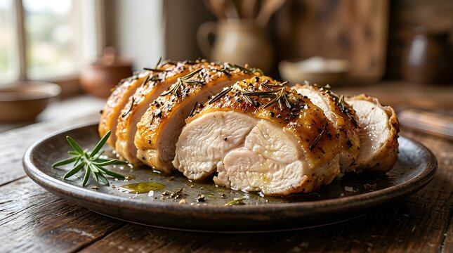 Sliced roasted chicken breast with crispy skin garnished with rosemary on dark stoneware plate wood.
