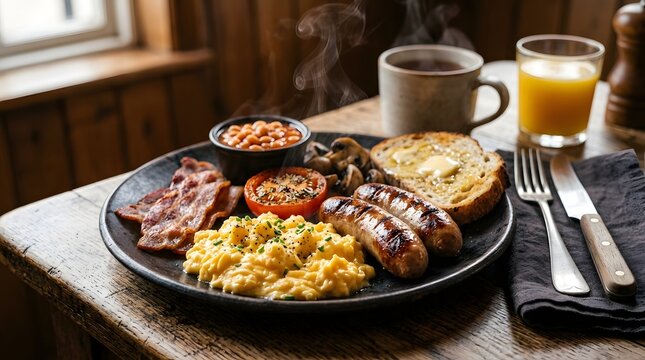Traditional full english breakfast with sausages eggs bacon beans tomato and toast on dark wood table.