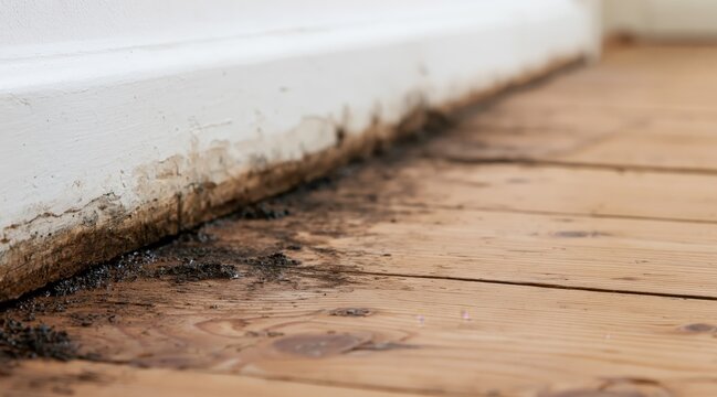 Water damage and mold leaking from under white baseboard on wooden floor